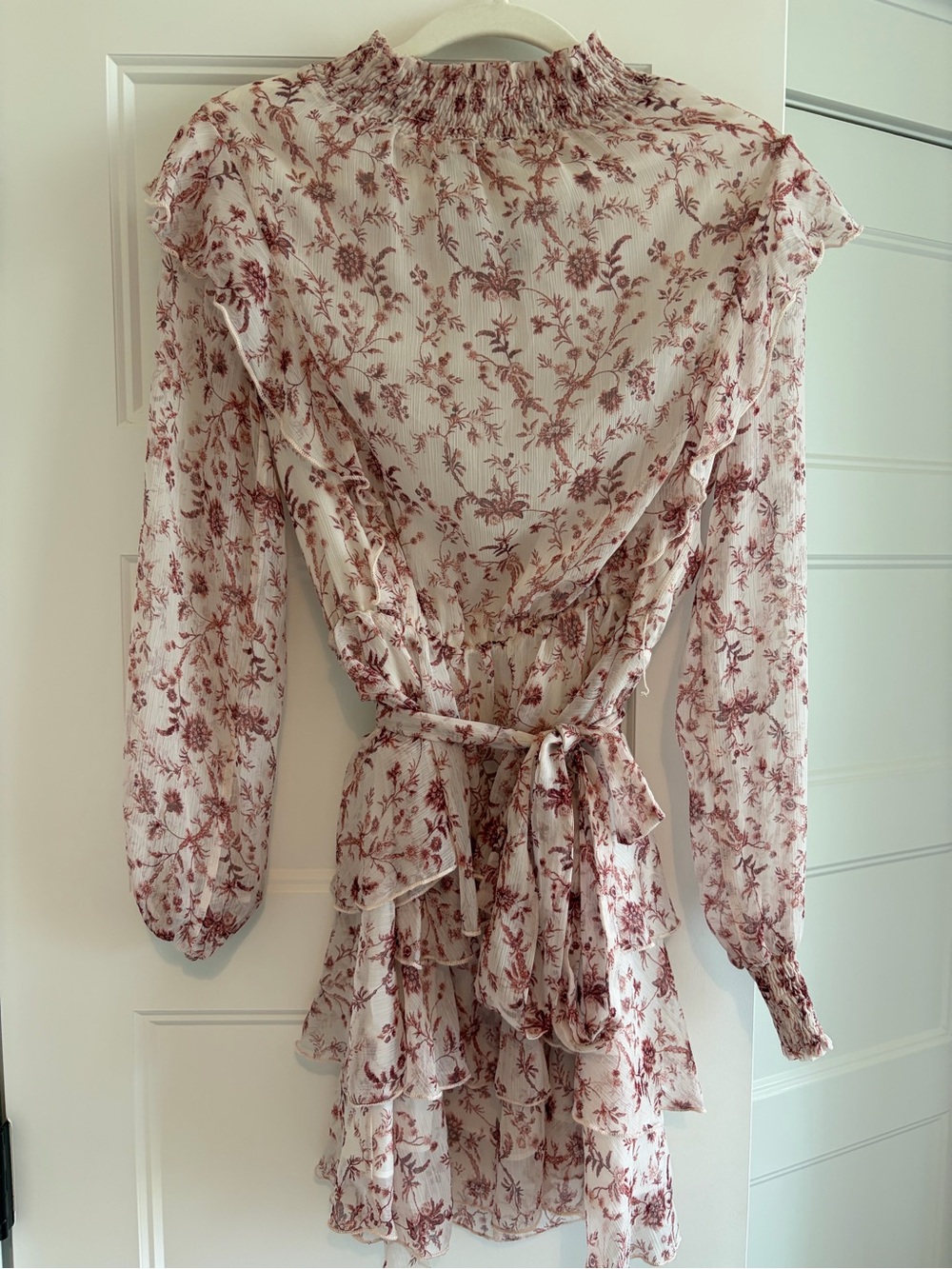 MINKPINK Cream Floral Ruffle Long-Sleeve Mini Dress with Dusty Rose Print
